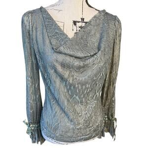 Vera Cristina Lace Metallic Blouse Green Size M Ribbon Bell Sleeves Party NEW